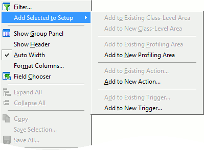 Report panel: context menu