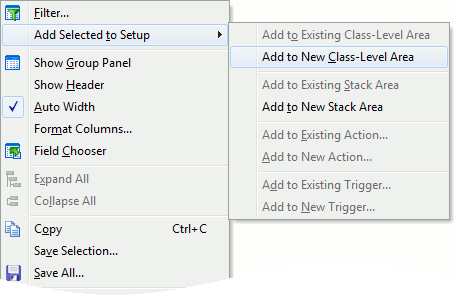 Report panel: context menu