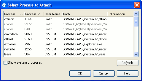 Select Process to Attach Dialog