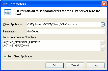 Run Parameters Dialog (for COM Server Mode)