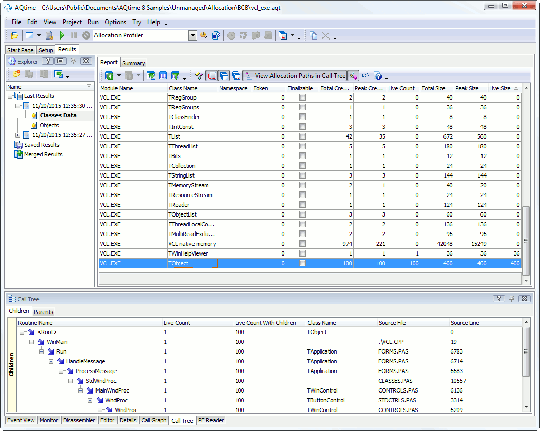 Allocation Profiler Results of the Classes Data Category