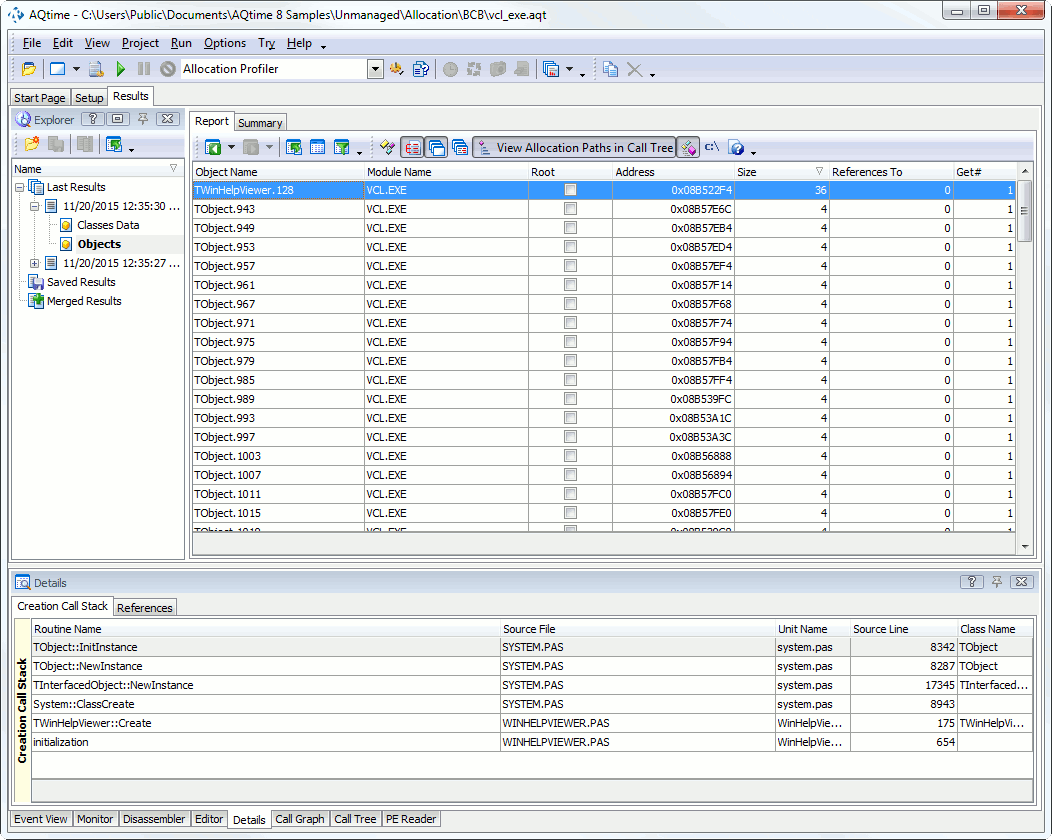 Allocation Profiler Results of the Objects Category