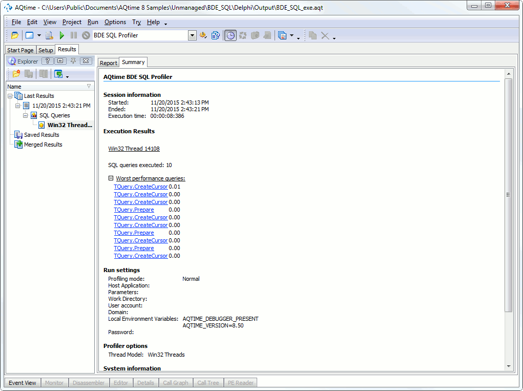 BDE SQL Profiler Summary Results