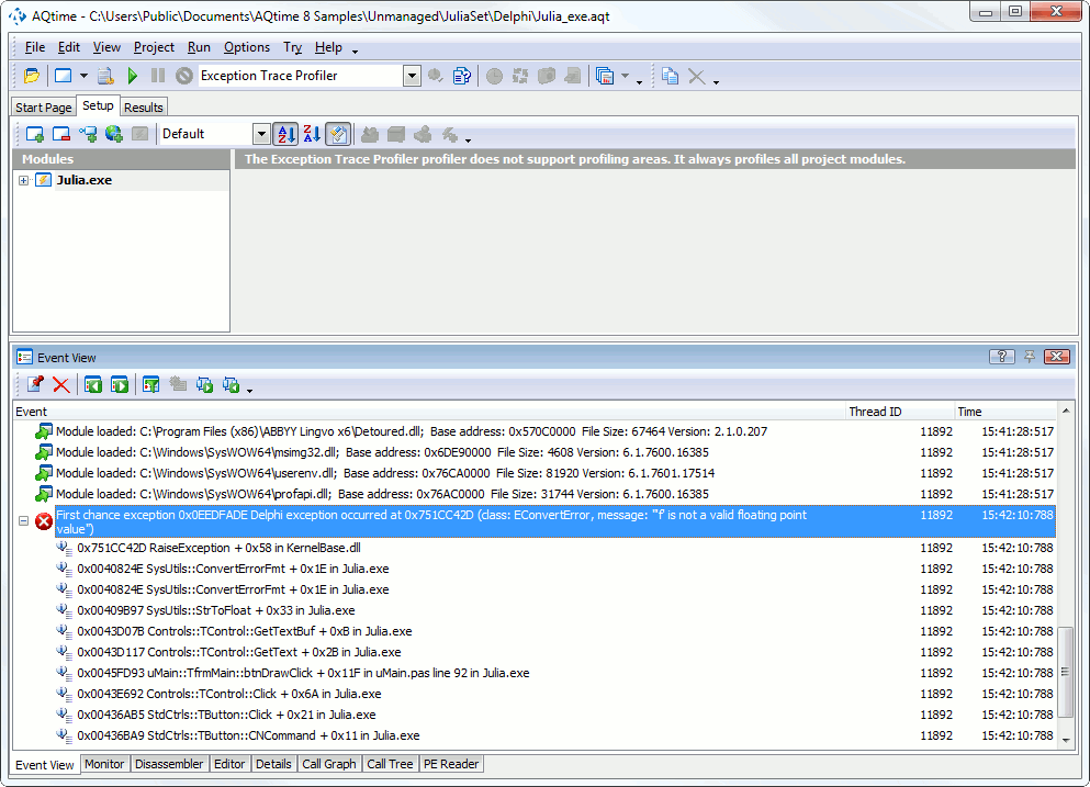 Sample Output of the Exception Trace Profiler