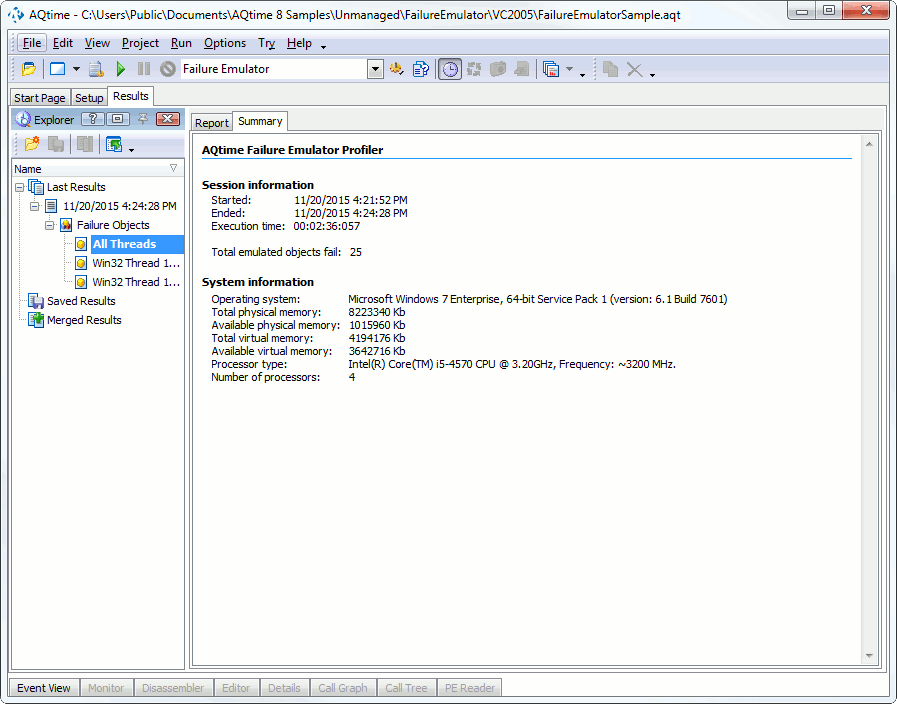 Failure Emulator Profiler Output - Summary Panel