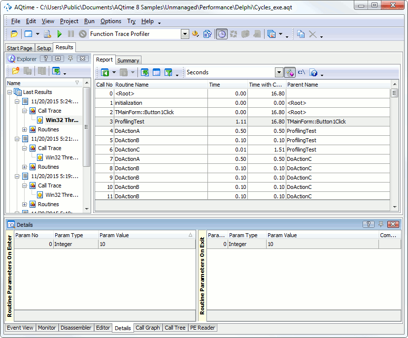 Function Trace Profiler Results of the Call Trace Category