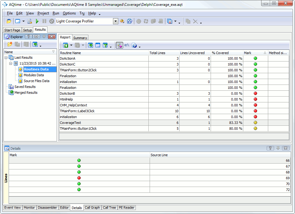 Light Coverage profiler - Line results in the Details panel