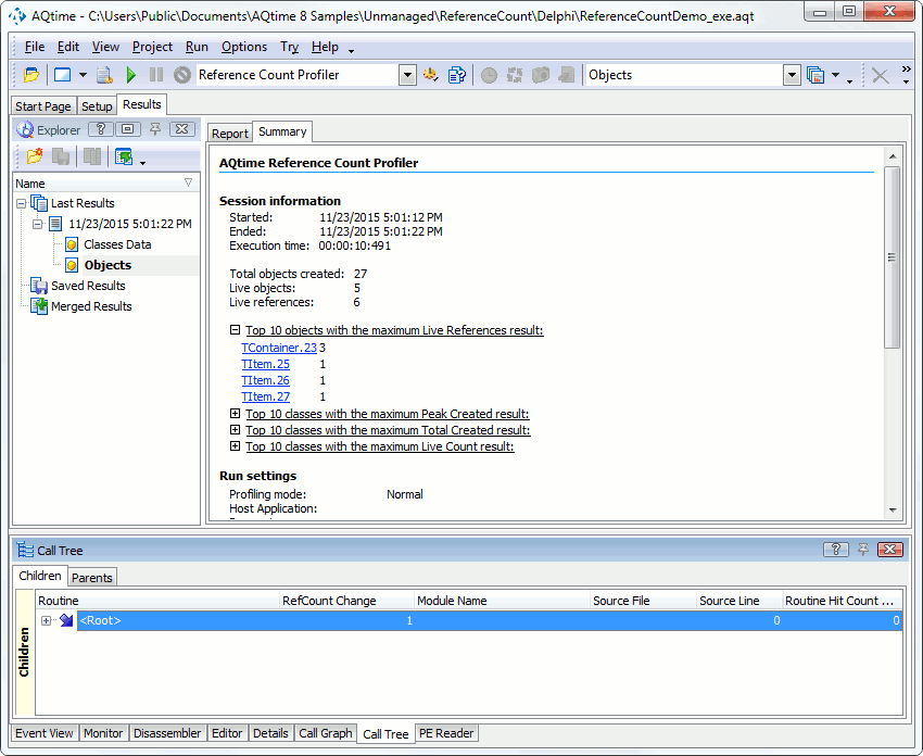 Reference Count Profiler - Summary Panel