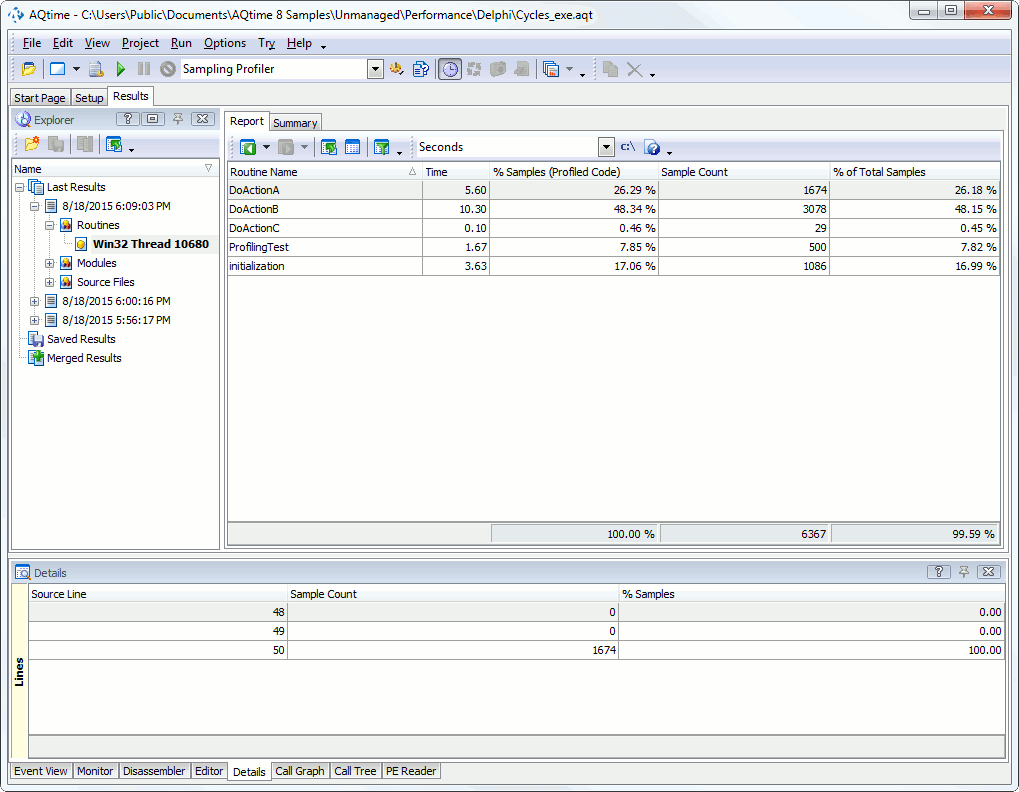 Sampling Profiler Results of the Routines Category