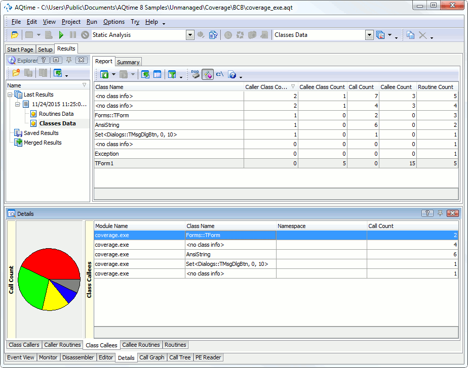 The Details Panel Contents for the Static Analysis Profiler (Classes Data Category)