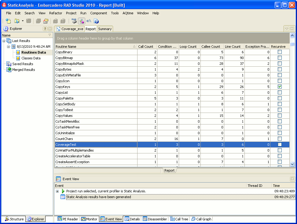 Sample Static Analysis Output for the Routines Data Category