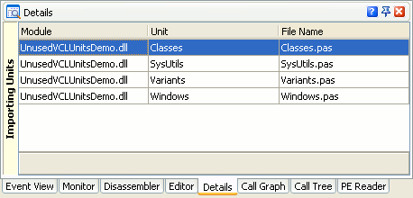 Unused VCL Units Profiler Results, Details panel