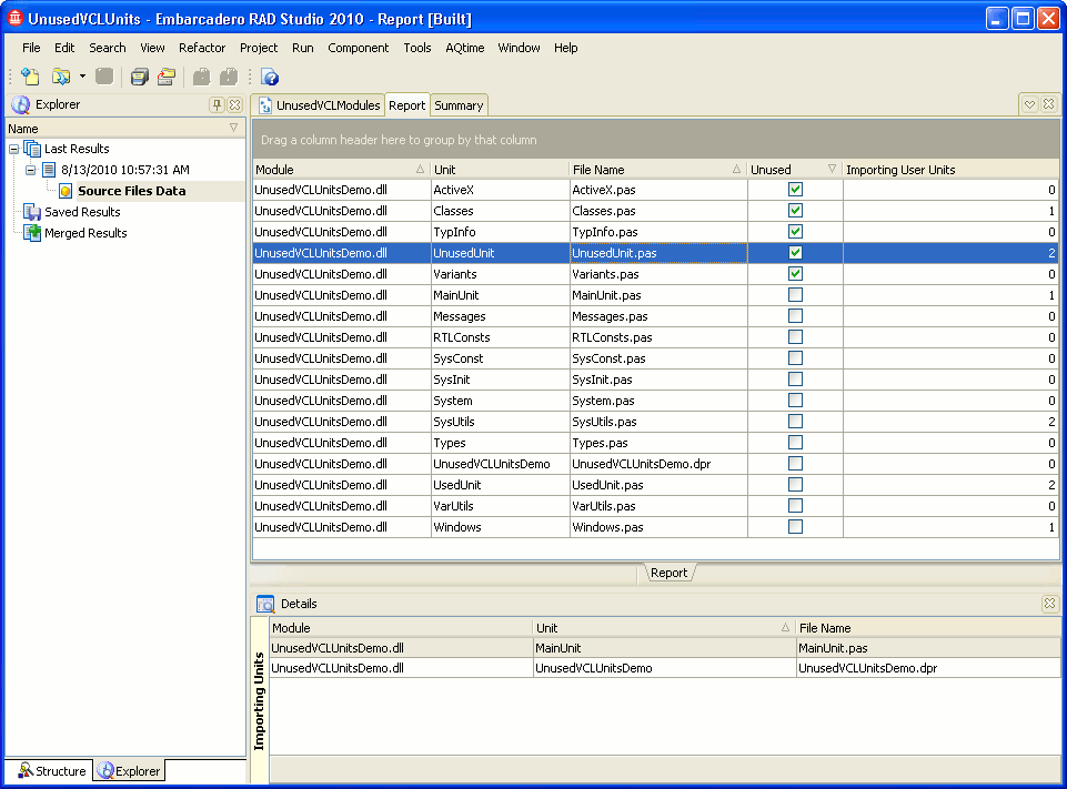 Sample Output of the Unused VCL Units Profiler