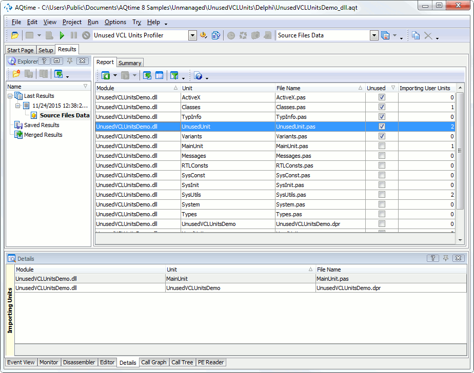 Sample Output of the Unused VCL Units Profiler