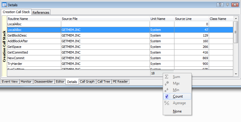 Selecting the column footer