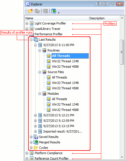 Explorer panel showing results for all profilers