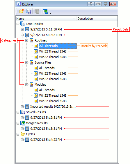 Explorer panel showing results for a current profiler