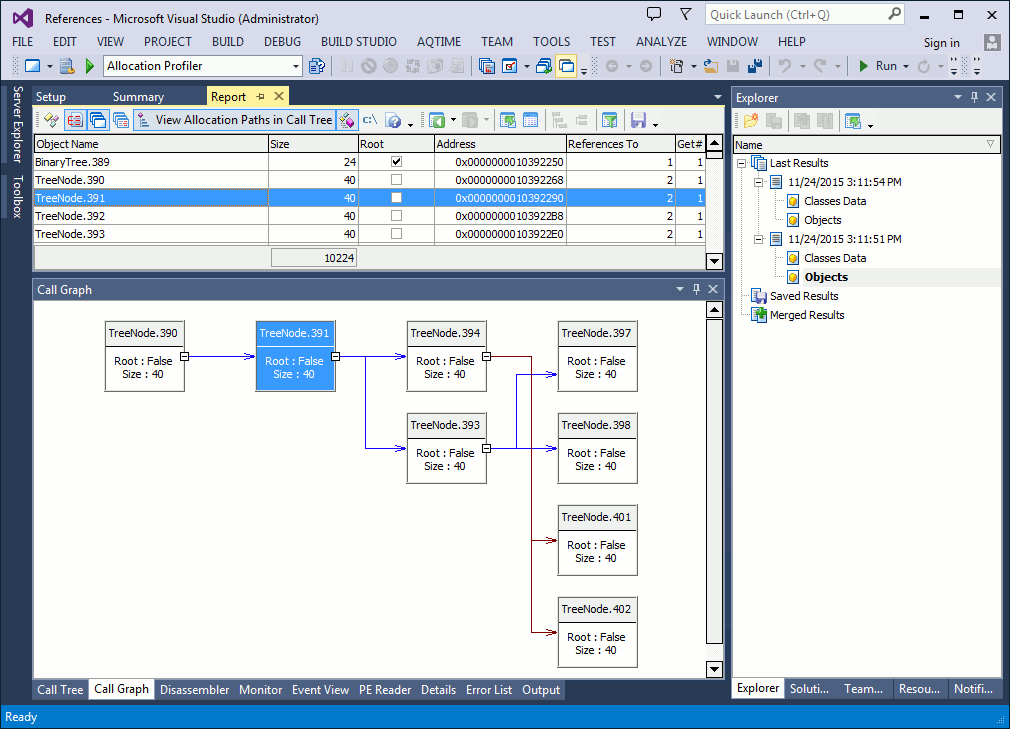 References between objects in the Call Graph panel
