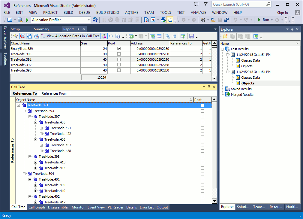 References between objects in the Call Tree panel