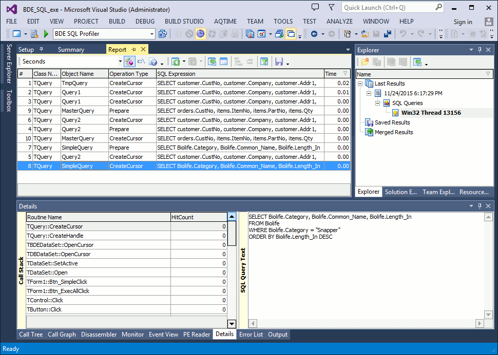 Profiling results in Report and Details panels
