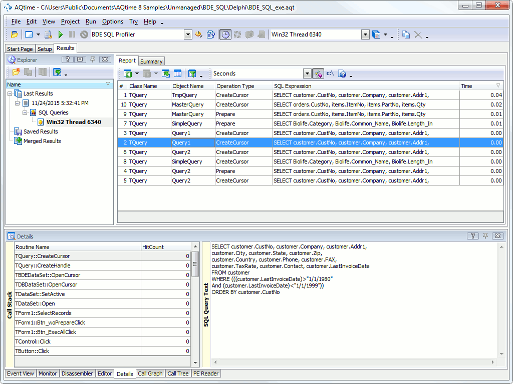 Profiling results of executing a Query1 in the Report and Details panel