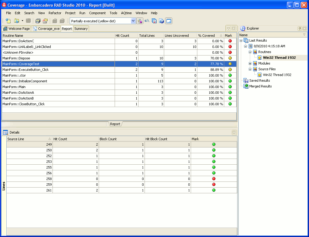 Coverage profiler results in the Details panel