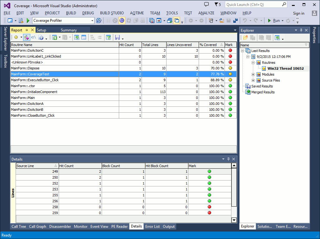 Coverage profiler results in the Details panel