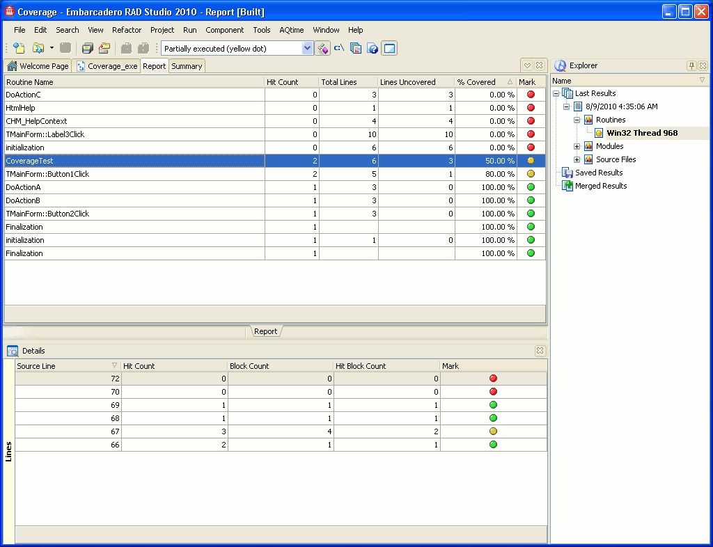Coverage profiler results in the Report panel (unmanaged application)