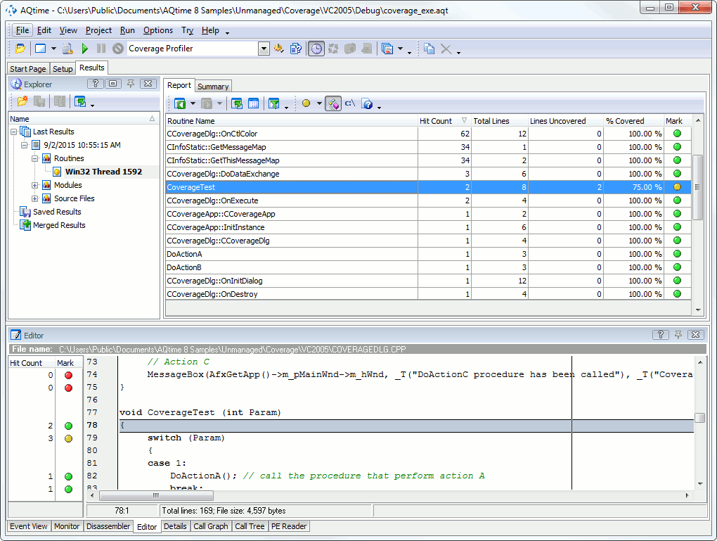 Coverage profiler results in the Report panel (unmanaged application)