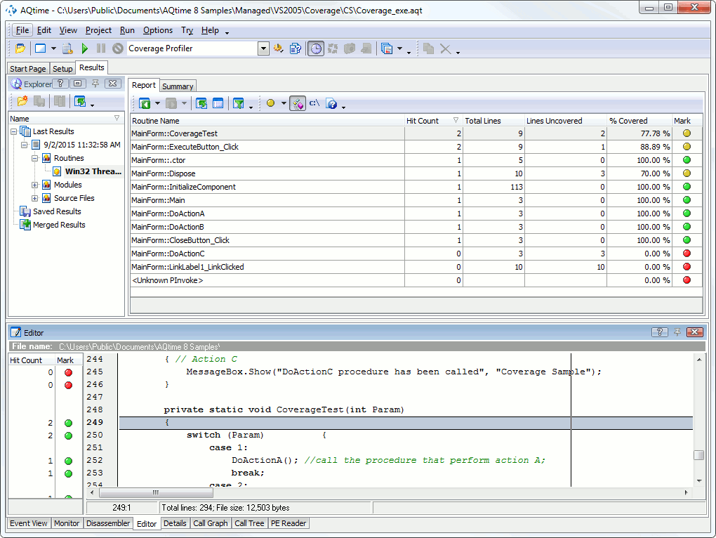 Coverage profiler results in the Report panel (managed application)