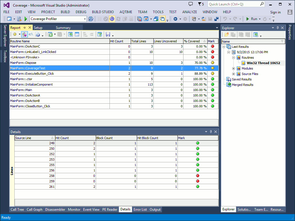 Coverage profiler results in the Report panel(managed application)