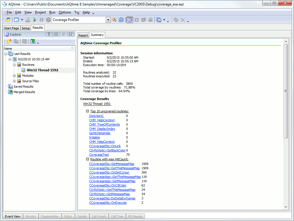Coverage profiler results in the Summary panel