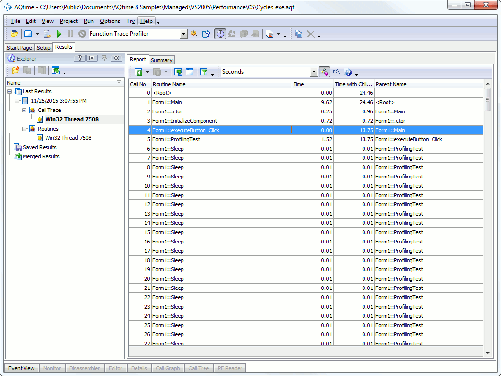Function Trace results, the Call Trace category