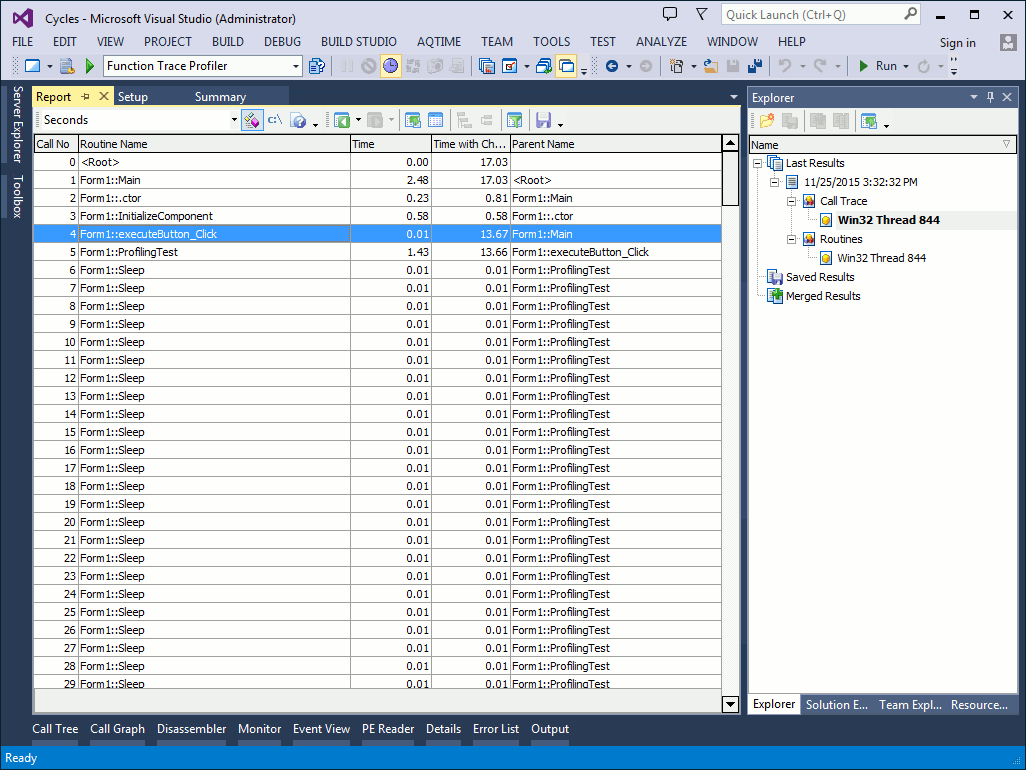 Function Trace results, the Call Trace category