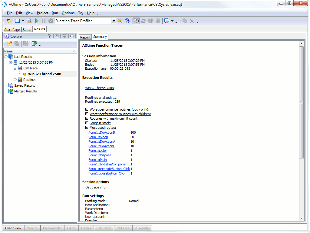 Function Trace profiler results, Summary Panel