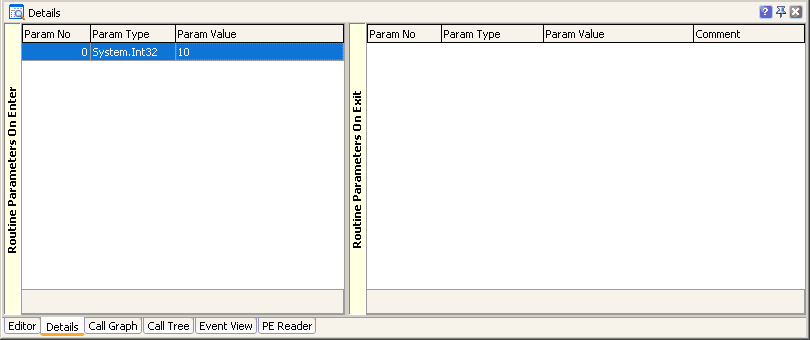 Parameters of the ProfilingTest function in the Details panel