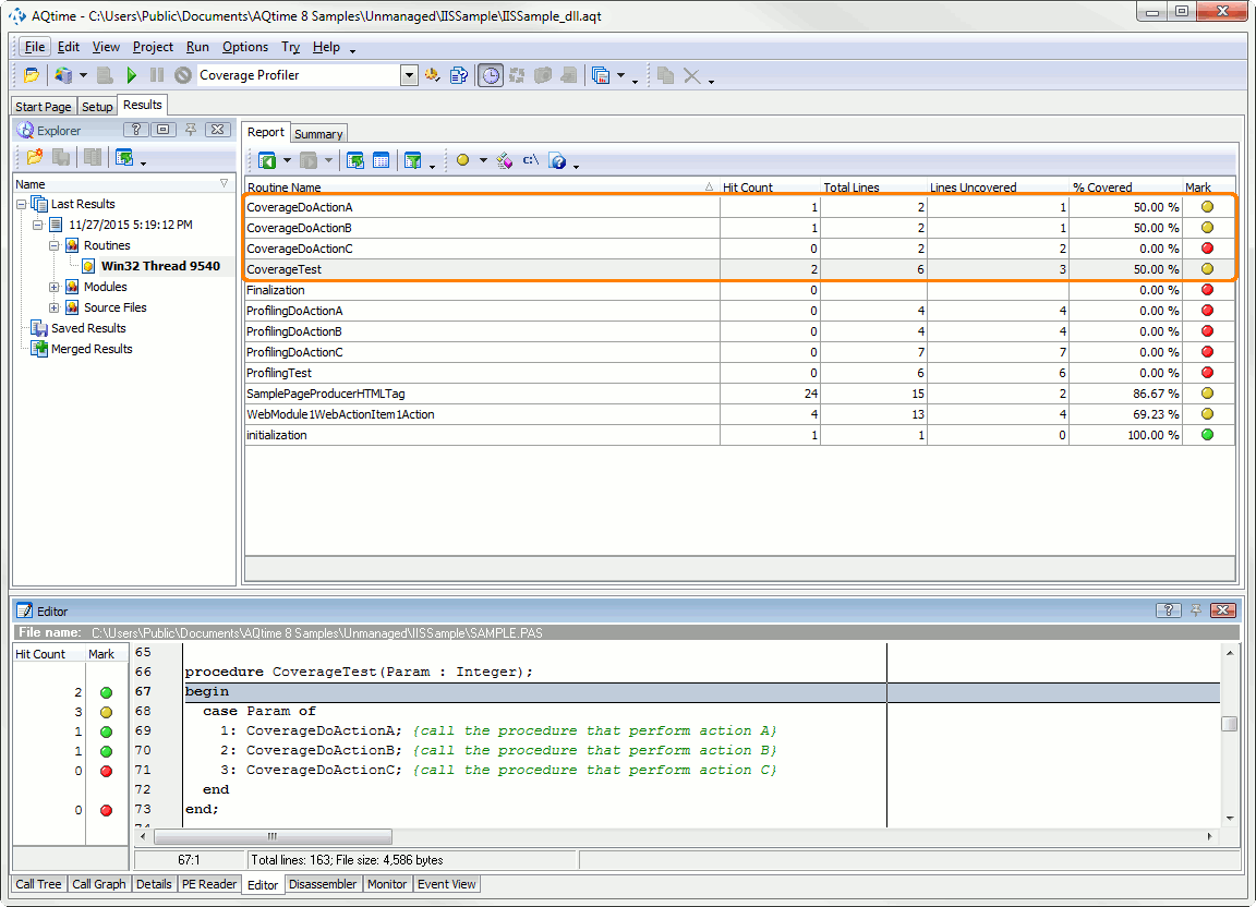 Profiling result in the Report and Editor panels