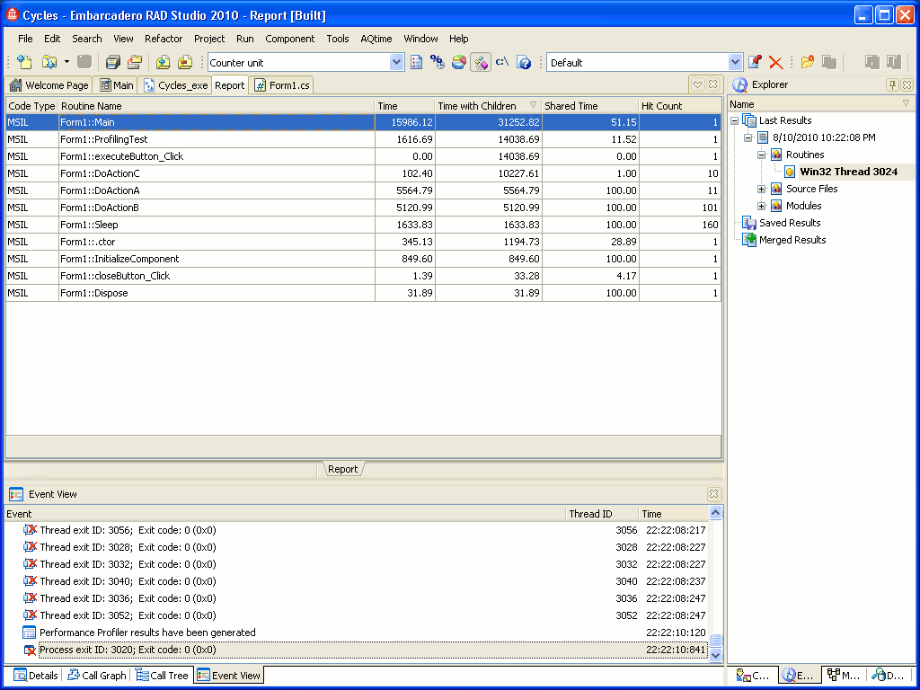 Performance profiler results