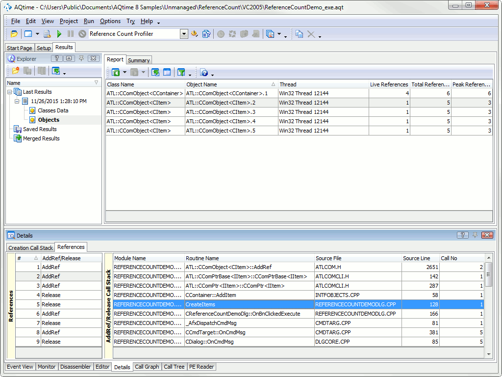 AddRef's call stack in the Details panel