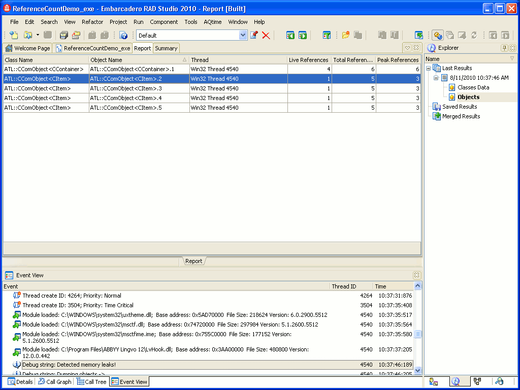 Objects information in the Report panel