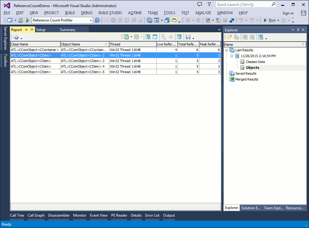 Objects information in the Report panel