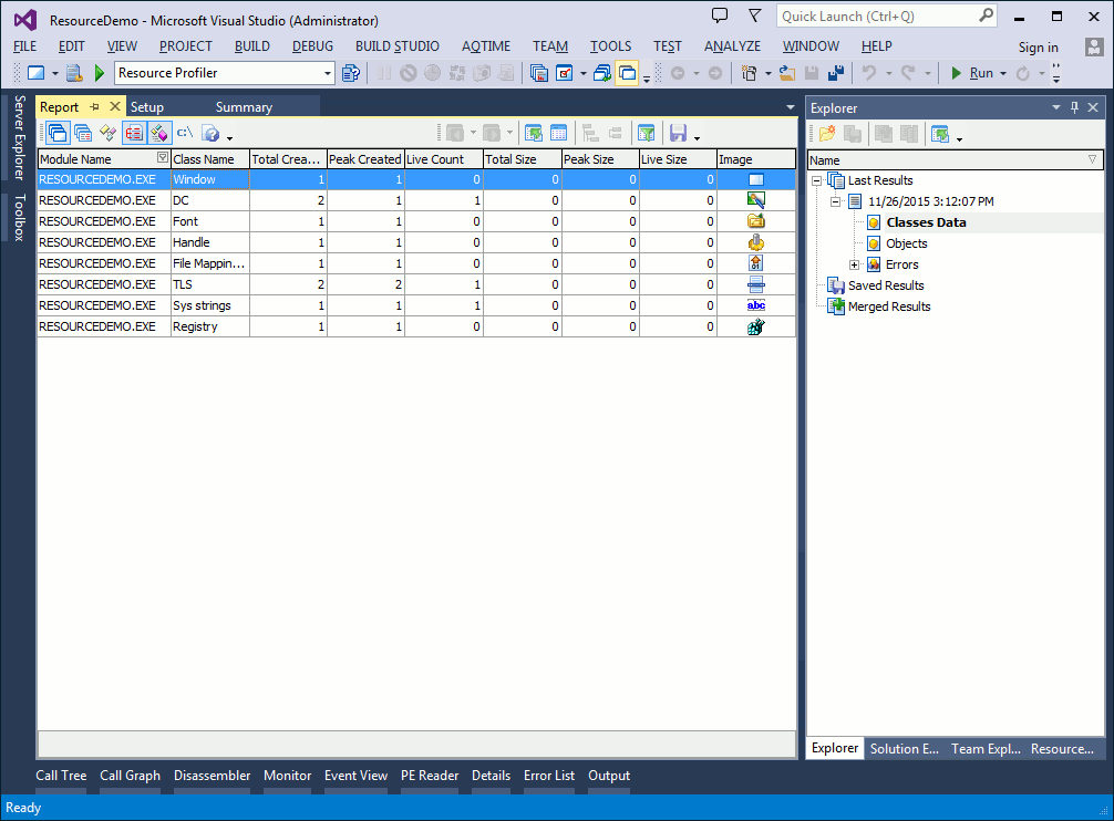 Profiling results in the Report panel (the Classes Data category)