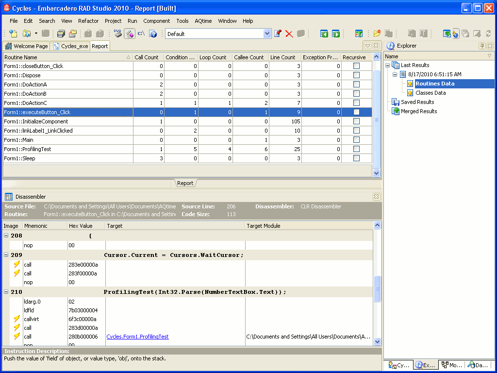 Binary code of a routine in the Disassembler panel