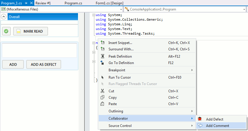 Creating line comments and defects