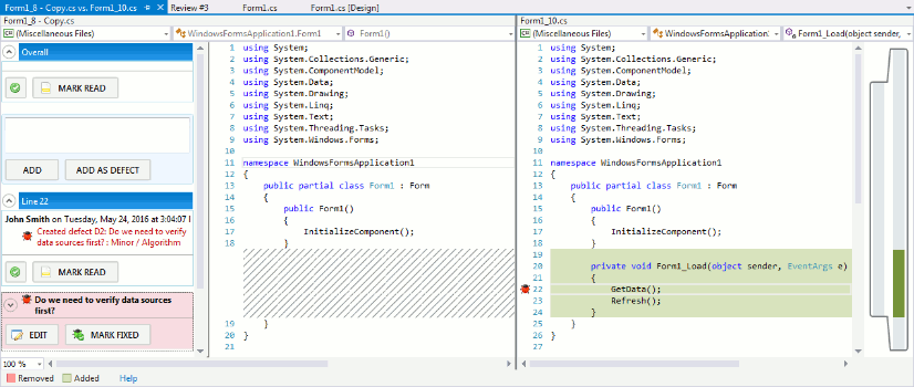 Two revisions of a file in a Diff Viewer