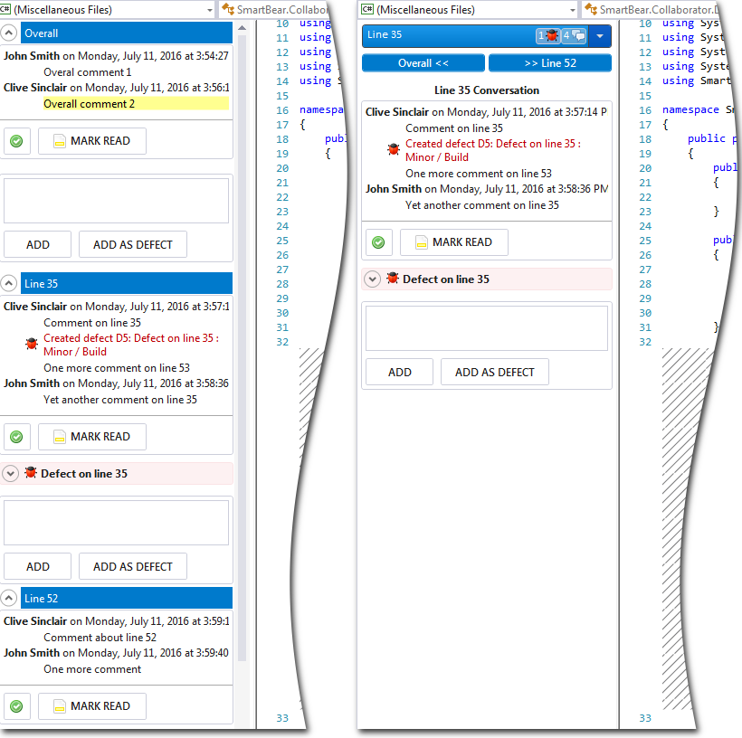 Conversation pane: "Standard" and "Group by lines" layouts