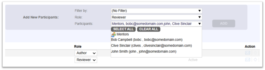 Participants multiple search drop-down menu