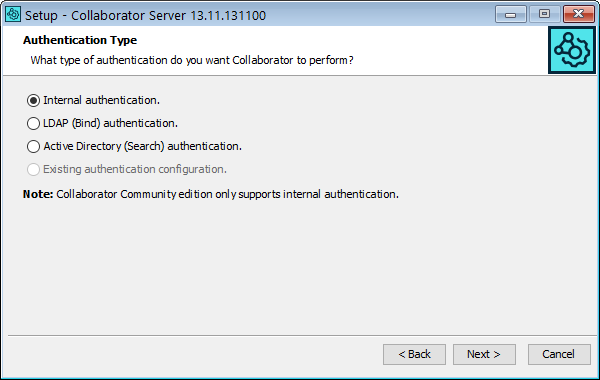 Installation wizard: The authentication configuration screen