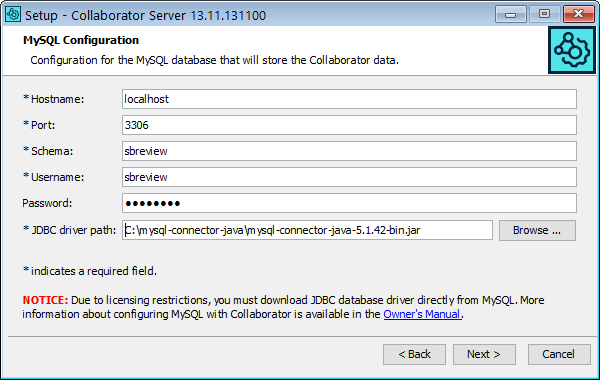 Installation wizard: The database connection configuration screen