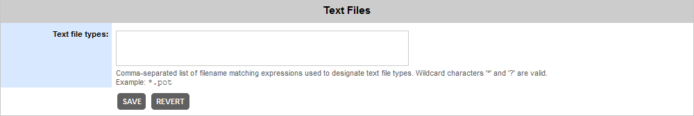 The Text File Types section in File Types